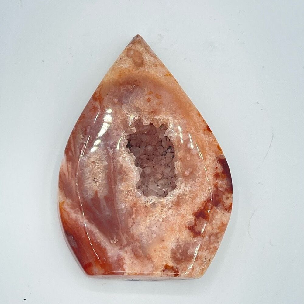 Carnelian agate druzy standing raindrop teardrop crystallized quartz 3.84” pink